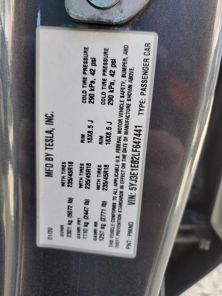 2020 Tesla Model 3 VIN: 5YJ3E1EB2LF647441 Lot: 89497745