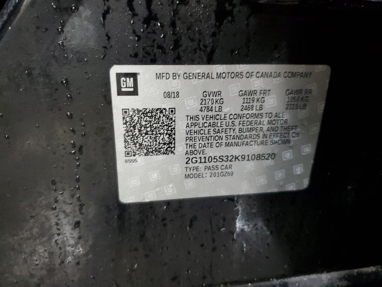 2019 Chevrolet Impala Premier VIN: 2G1105S32K9108520 Lot: 92896655