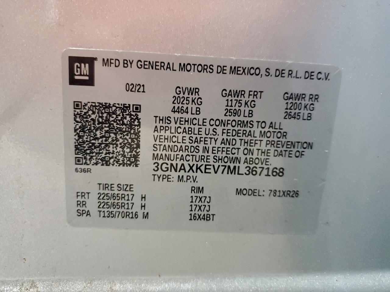 2021 Chevrolet Equinox Lt VIN: 3GNAXKEV7ML367168 Lot: 93134285