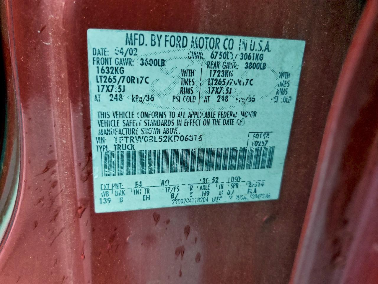 2002 Ford F150 Supercrew VIN: 1FTRW08L52KD06316 Lot: 94245845