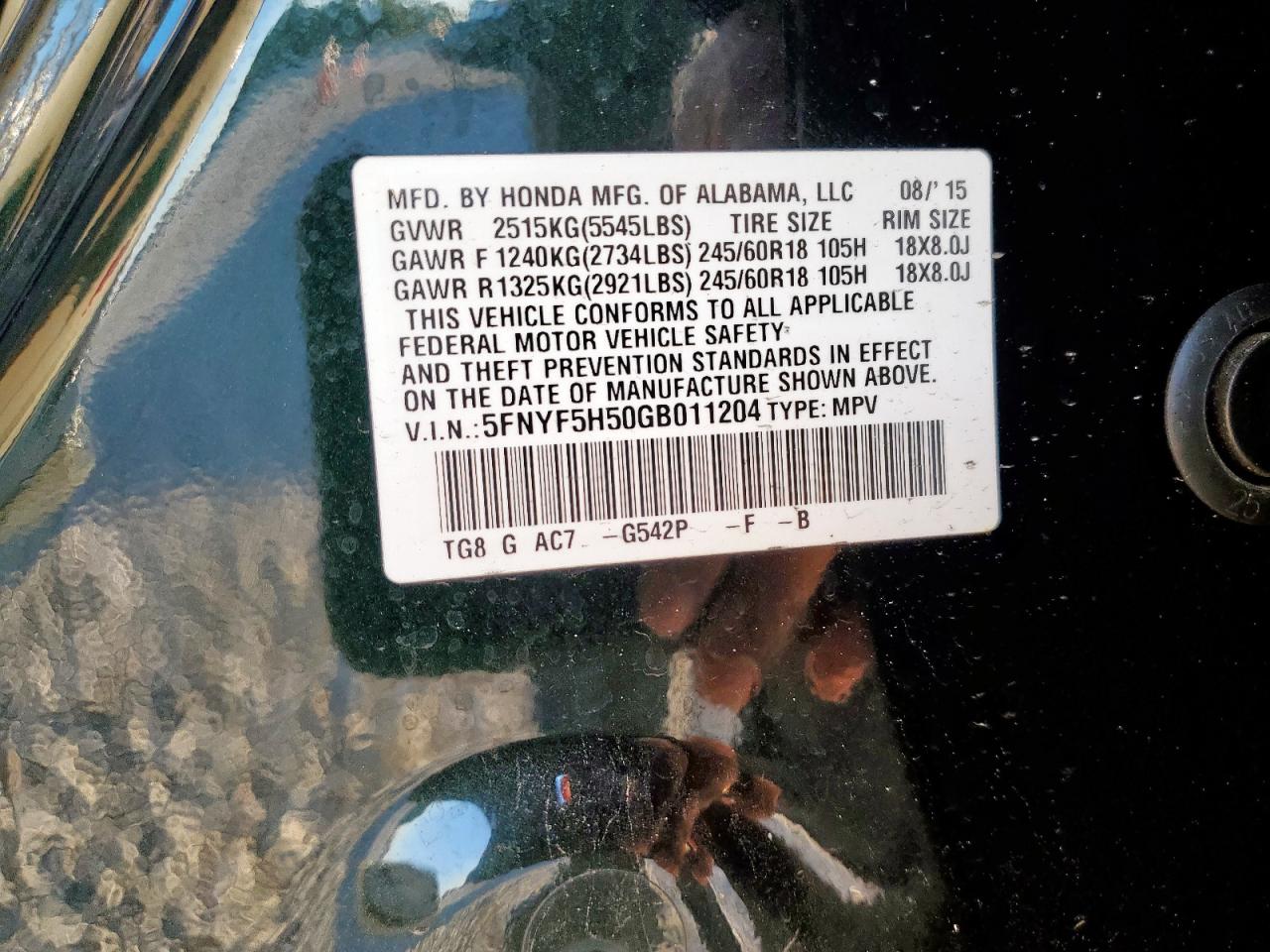 2016 Honda Pilot Exl VIN: 5FNYF5H50GB011204 Lot: 91380345