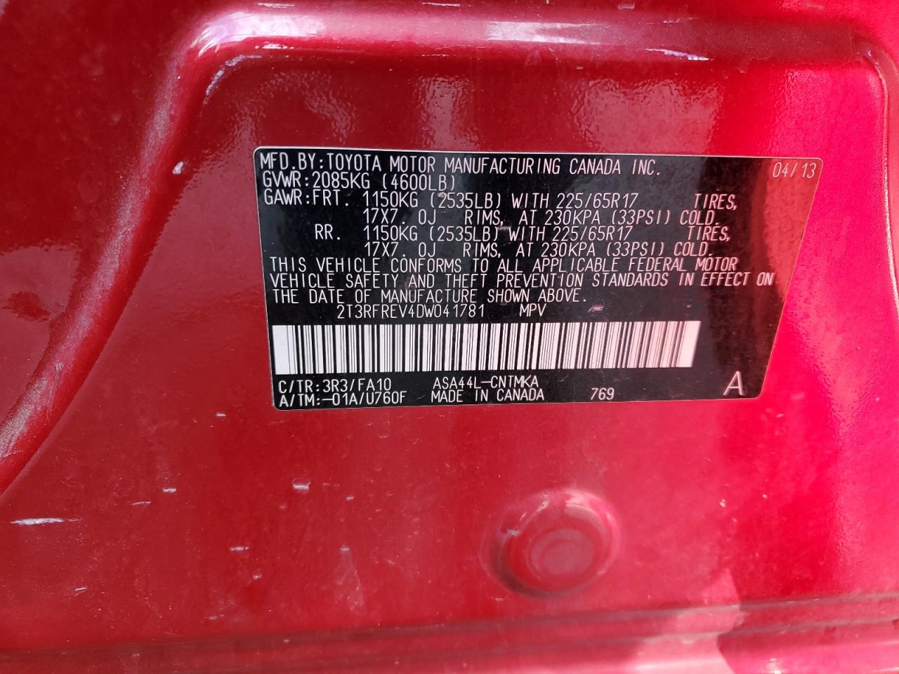 2013 Toyota Rav4 Xle VIN: 2T3RFREV4DW041781 Lot: 90667245