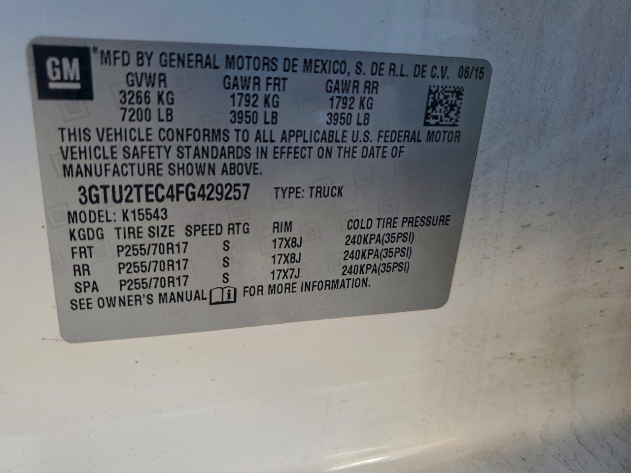 2015 GMC Sierra K1500 VIN: 3GTU2TEC4FG429257 Lot: 94368985