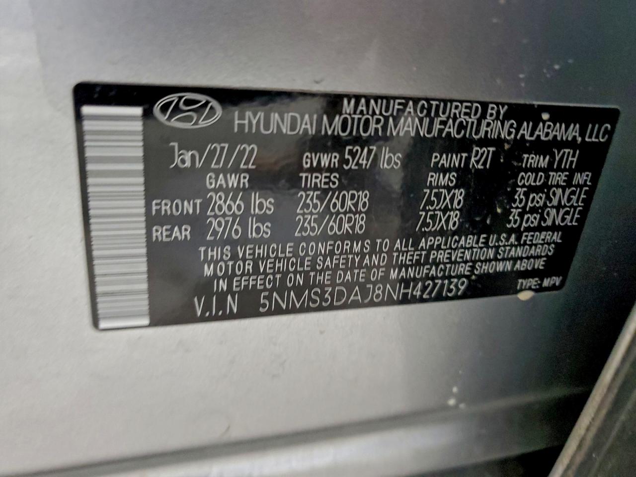 2022 Hyundai Santa Fe Sel VIN: 5NMS3DAJ8NH427139 Lot: 93860885