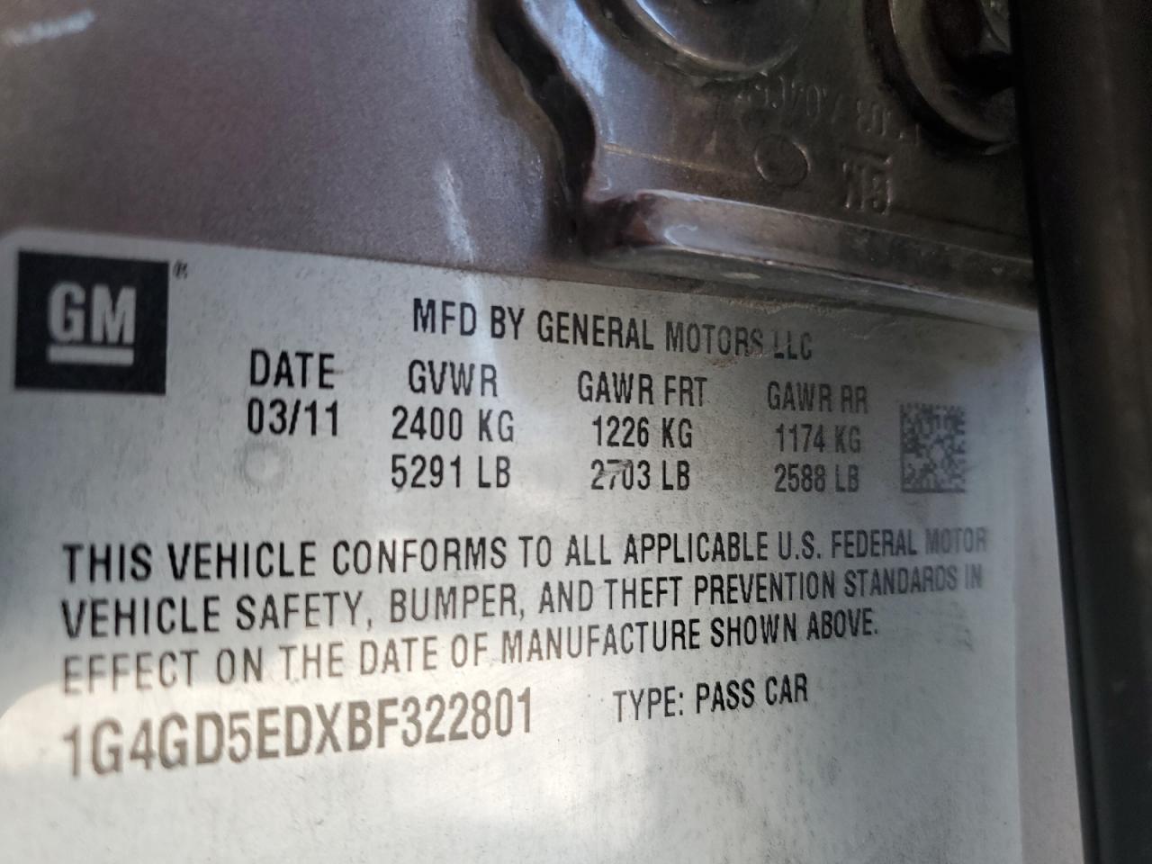 2011 Buick Lacrosse Cxl VIN: 1G4GD5EDXBF322801 Lot: 91896585