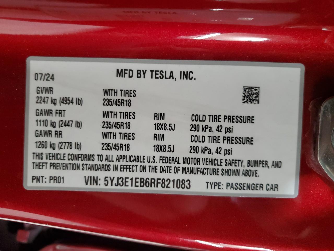 2024 Tesla Model 3 VIN: 5YJ3E1EB6RF821083 Lot: 92061845