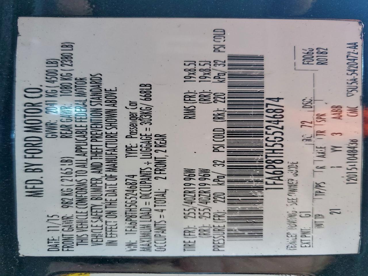 2016 Ford Mustang VIN: 1FA6P8TH5G5246874 Lot: 94256315