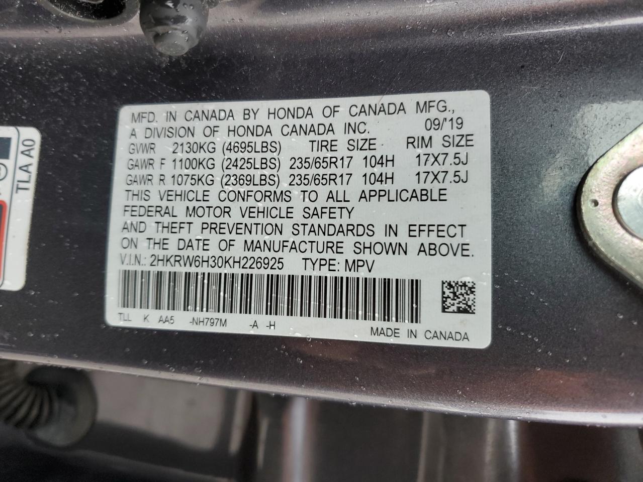 2019 Honda Cr-V Lx VIN: 2HKRW6H30KH226925 Lot: 92127085