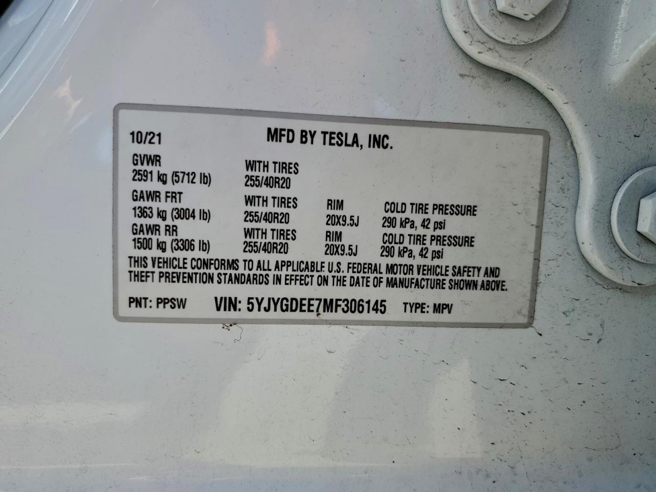 2021 Tesla Model Y VIN: 5YJYGDEE7MF306145 Lot: 94665755