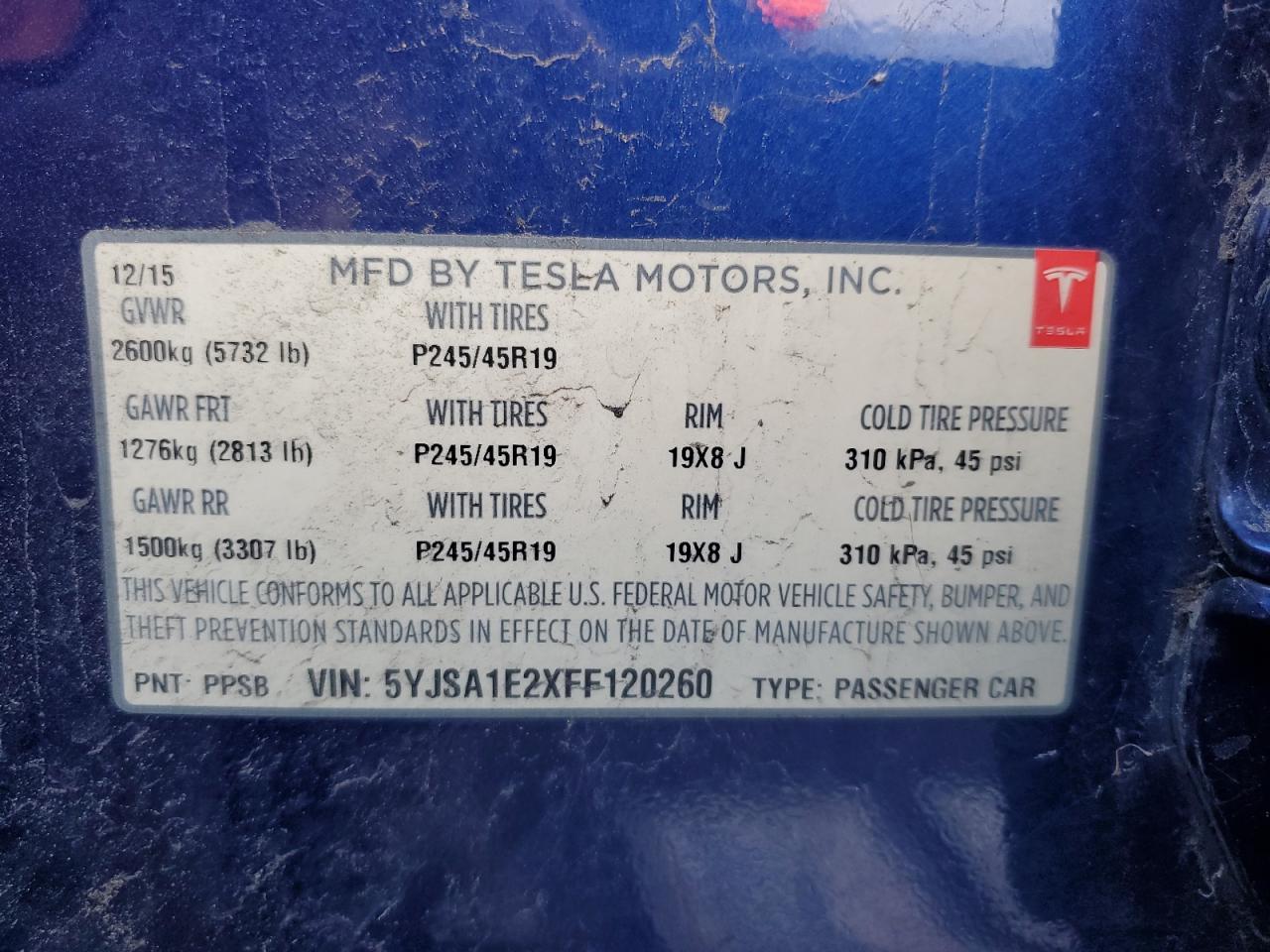 2015 Tesla Model S VIN: 5YJSA1E2XFF120260 Lot: 91186065