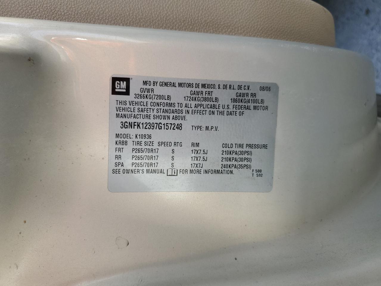 2007 Chevrolet Avalanche K1500 VIN: 3GNFK12397G157248 Lot: 91610585