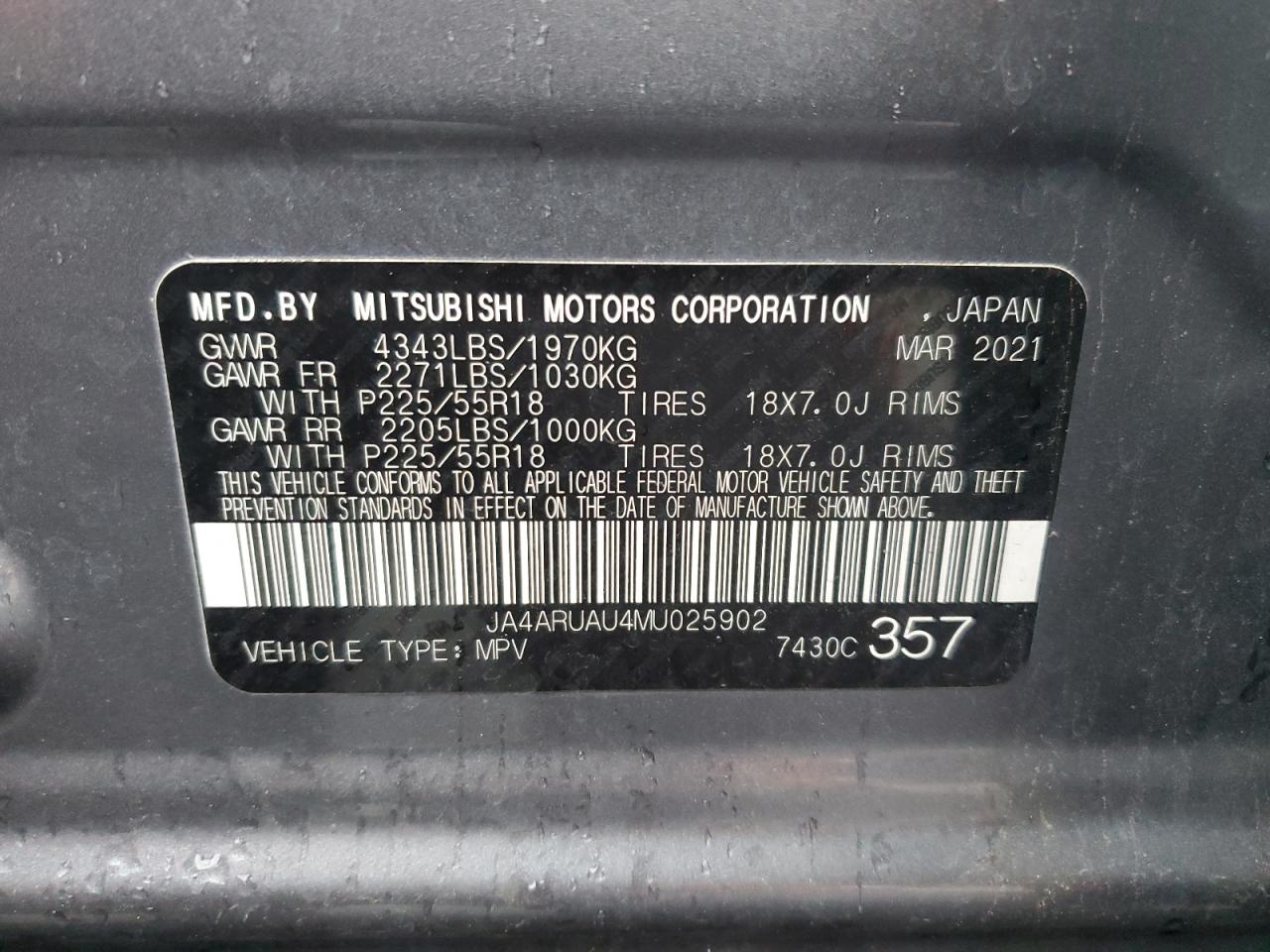 2021 Mitsubishi Outlander Sport Es VIN: JA4ARUAU4MU025902 Lot: 93554865