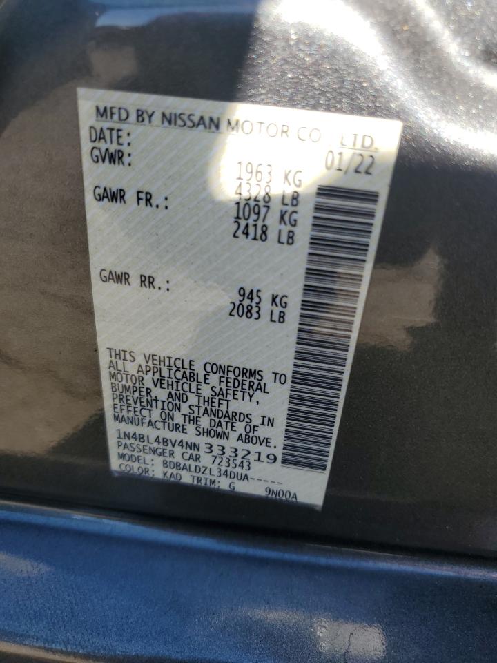 2022 Nissan Altima S VIN: 1N4BL4BV4NN333219 Lot: 91715365