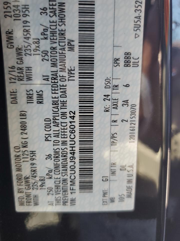 2017 Ford Escape Titanium VIN: 1FMCU0J94HUC60142 Lot: 92381175