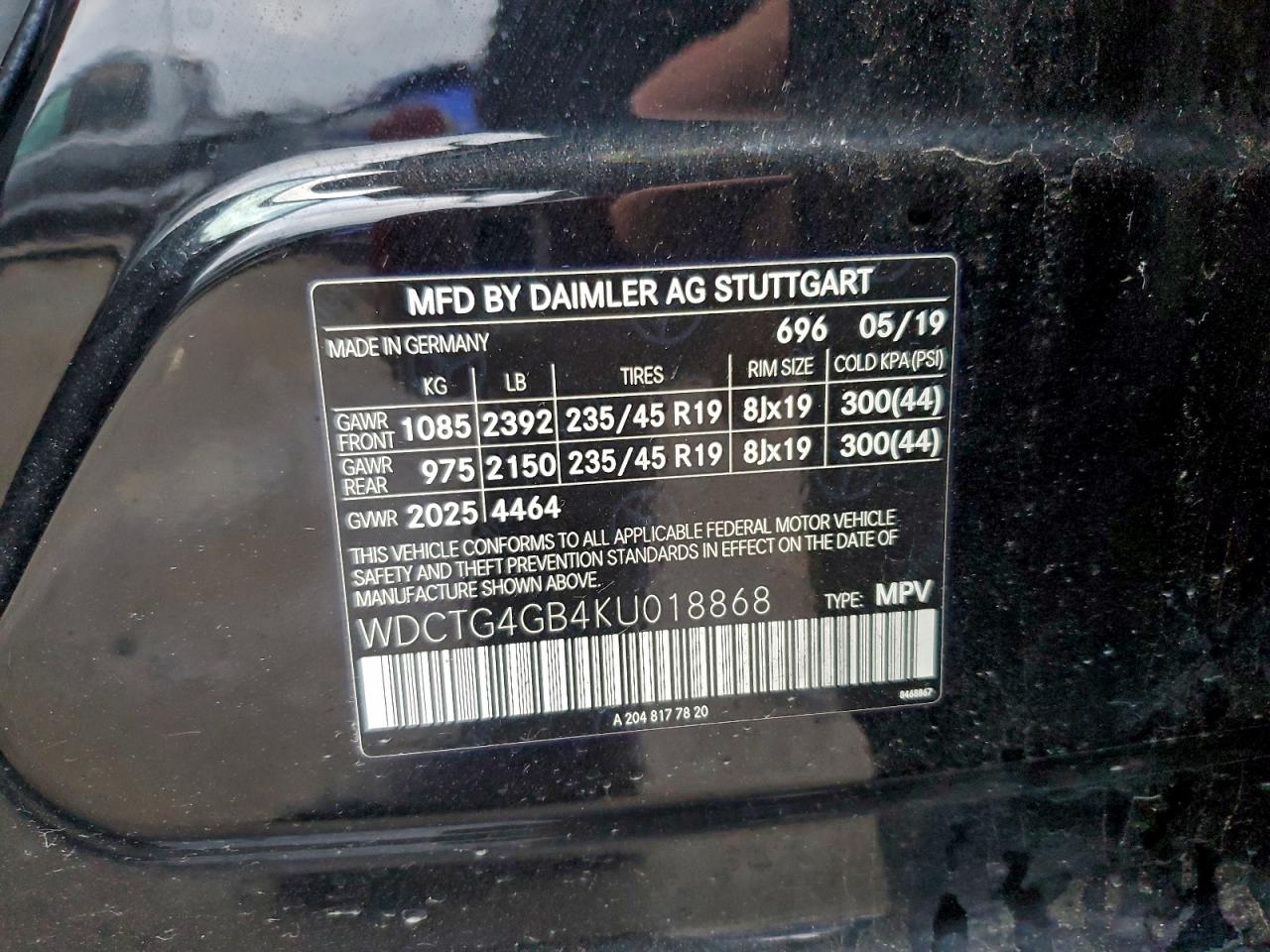 2019 Mercedes-Benz Gla 250 4Matic VIN: WDCTG4GB4KU018868 Lot: 94540015