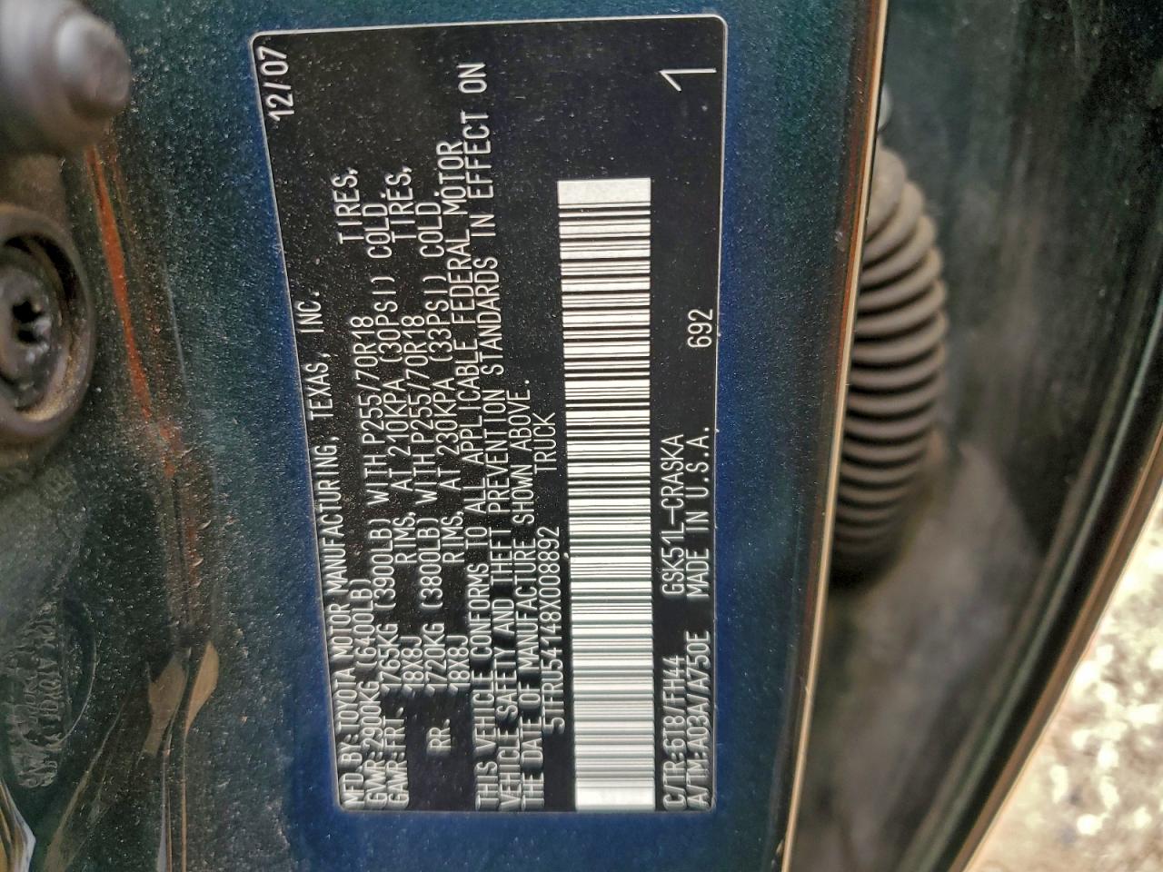 2008 Toyota Tundra Double Cab VIN: 5TFRU54148X008892 Lot: 92754185