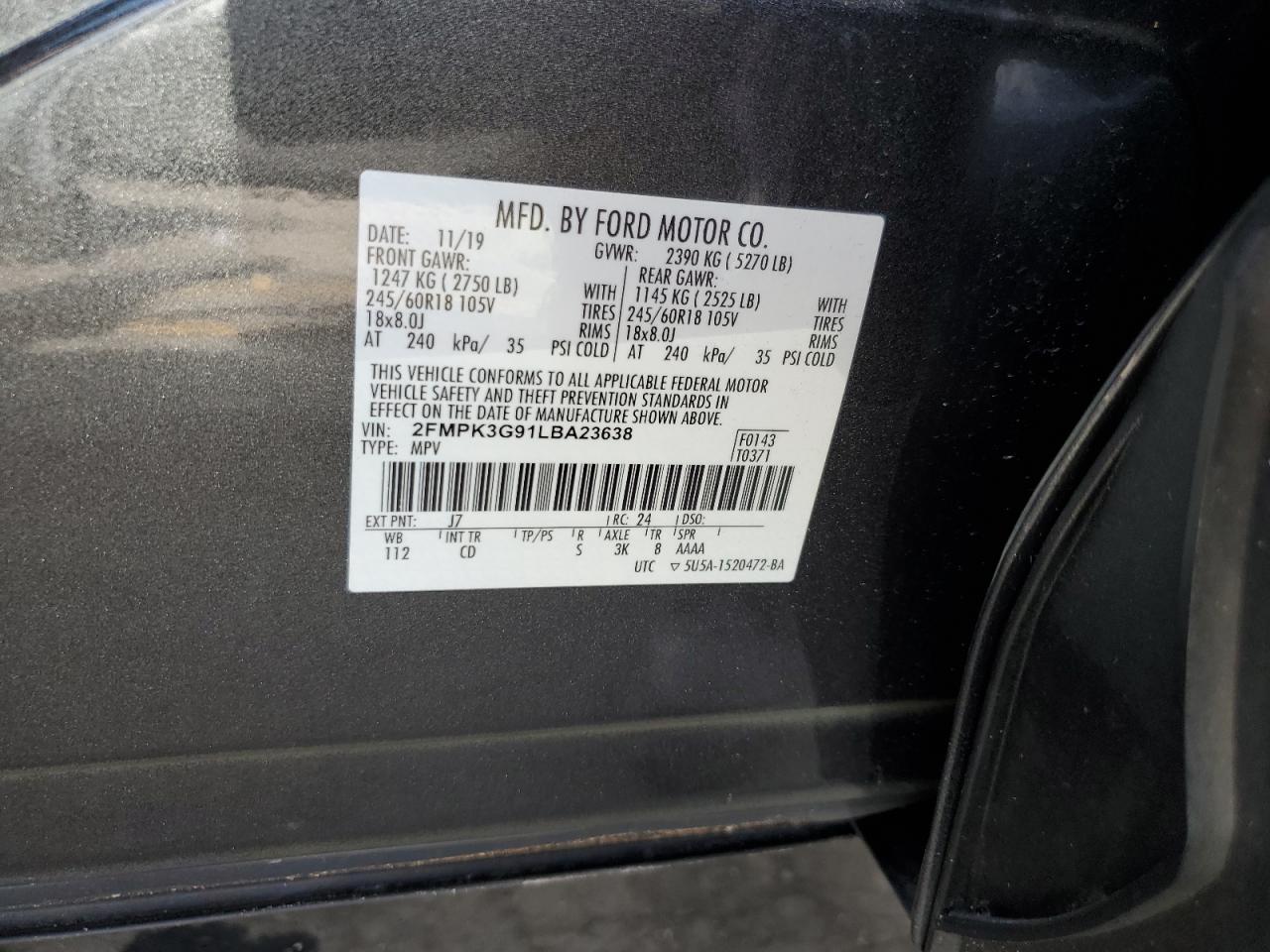 2020 Ford Edge Se VIN: 2FMPK3G91LBA23638 Lot: 91864115