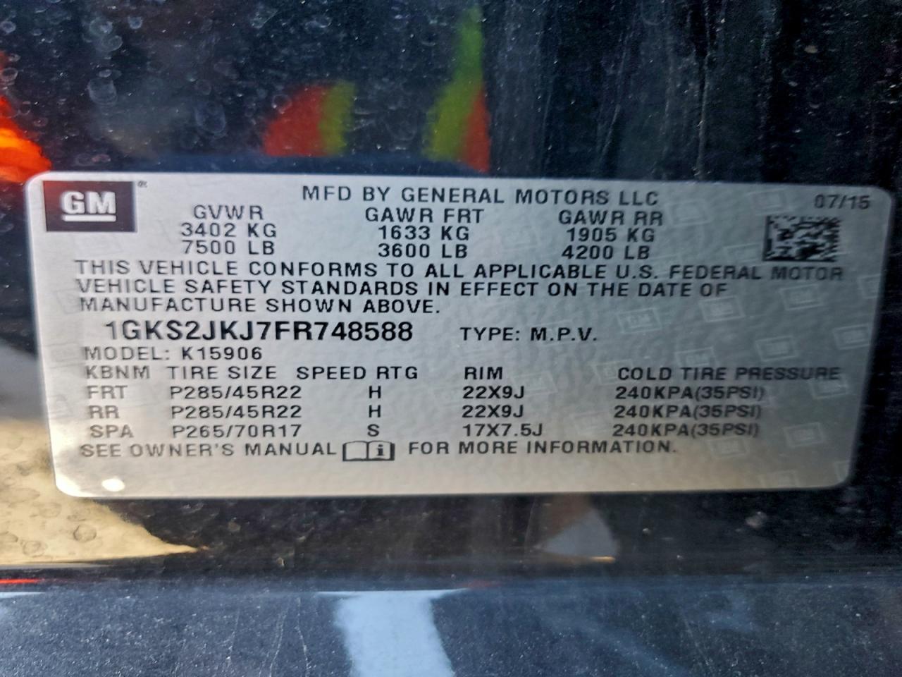 2015 GMC Yukon Xl Denali VIN: 1GKS2JKJ7FR748588 Lot: 94368415