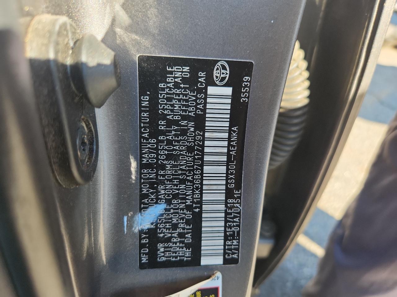 2007 Toyota Avalon Xl VIN: 4T1BK36B67U177292 Lot: 91243485