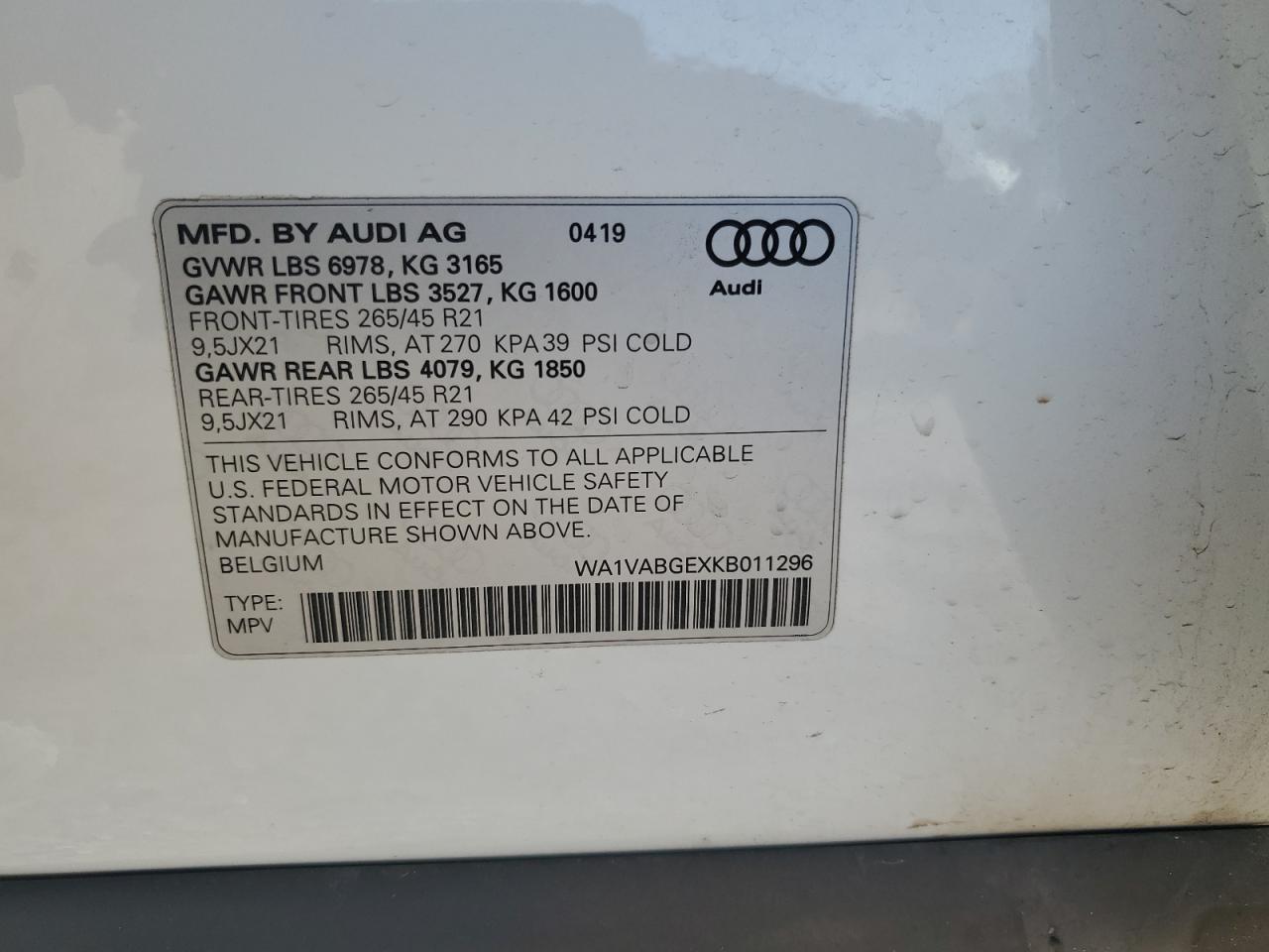 2019 Audi E-Tron Prestige VIN: WA1VABGEXKB011296 Lot: 90023235