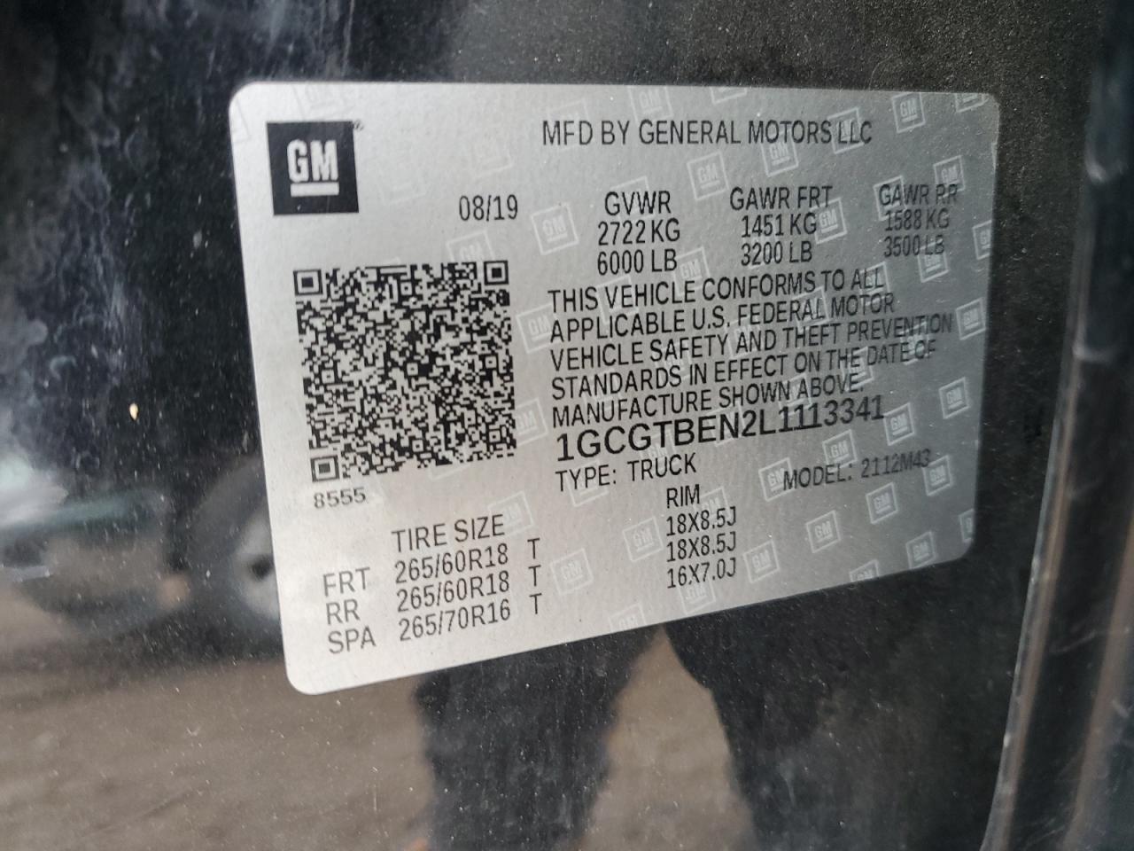 2020 Chevrolet Colorado VIN: 1GCGTBEN2L1113341 Lot: 91684085