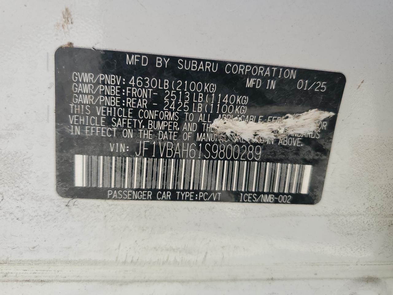 2025 Subaru Wrx Premium VIN: JF1VBAH61S9800289 Lot: 92911855