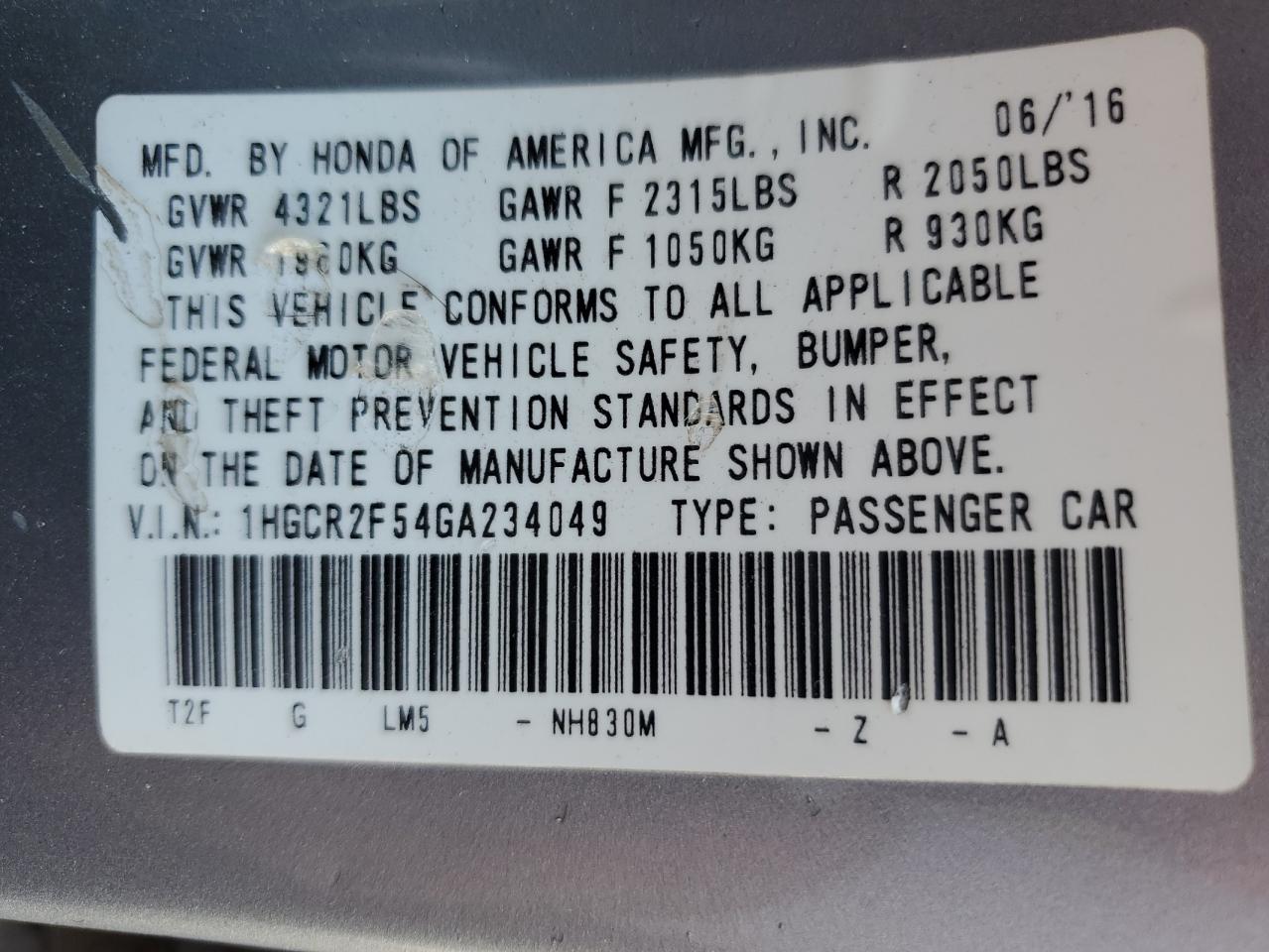 2016 Honda Accord Sport VIN: 1HGCR2F54GA234049 Lot: 91044655