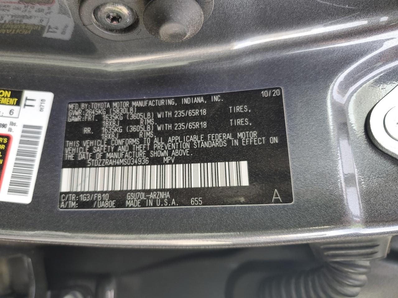 2021 Toyota Highlander L VIN: 5TDZZRAH4MS034936 Lot: 92028865