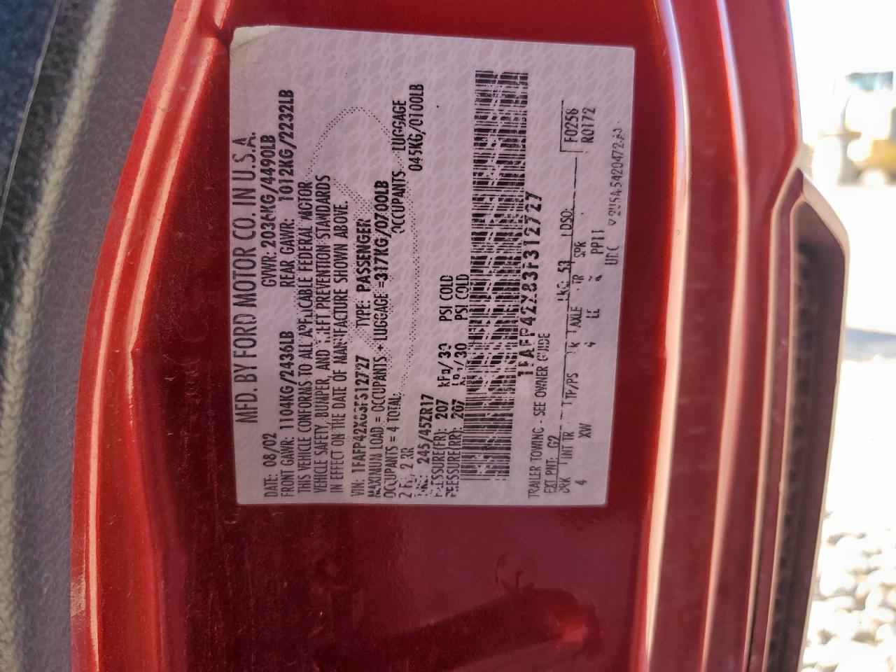 2003 Ford Mustang Gt VIN: 1FAFP42X83F312727 Lot: 92679815