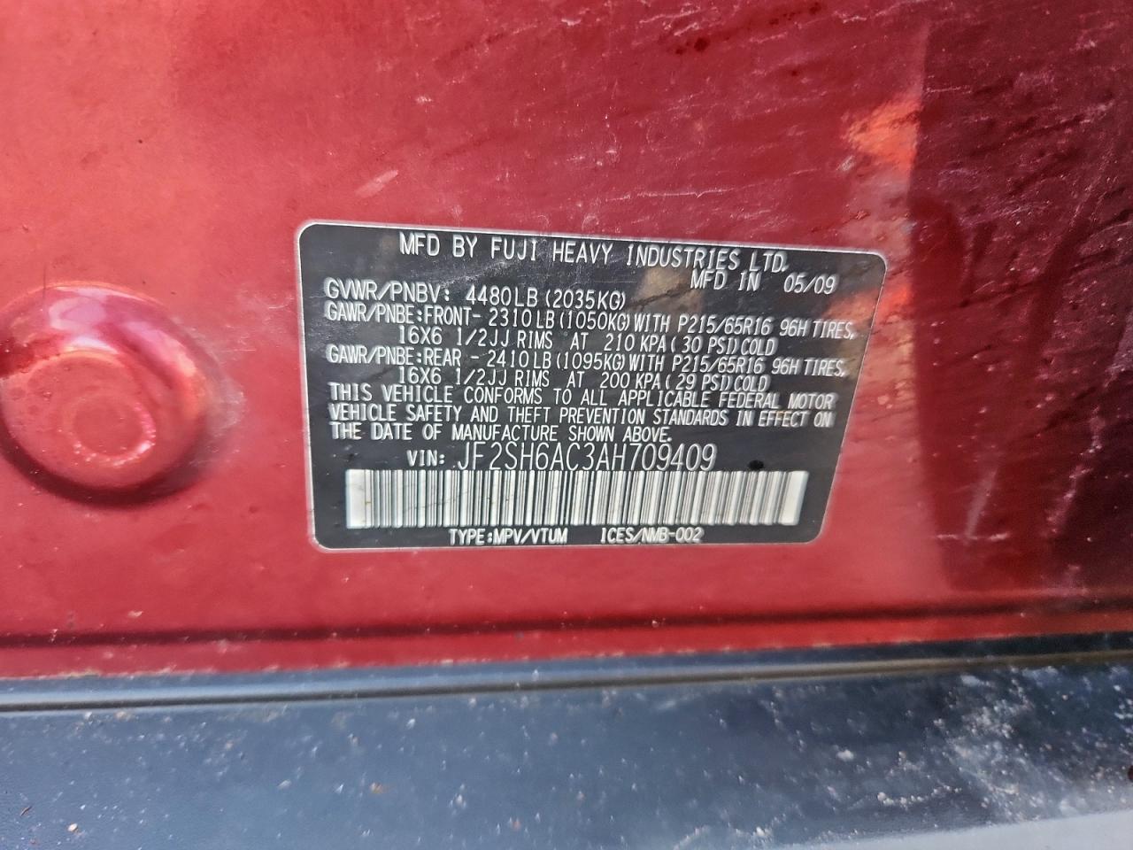 2010 Subaru Forester 2.5X VIN: JF2SH6AC3AH709409 Lot: 93259075