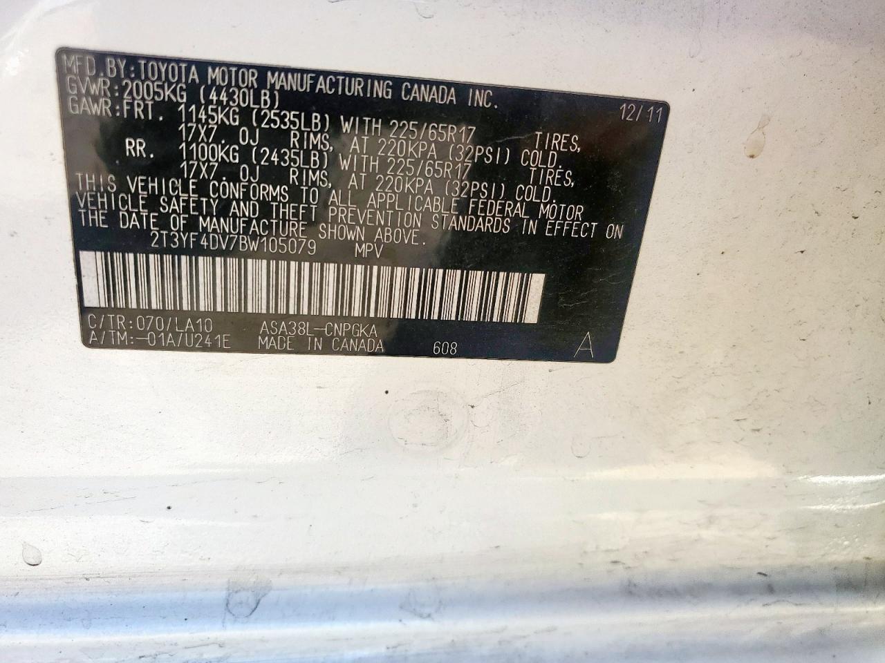 2011 Toyota Rav4 Limited VIN: 2T3YF4DV7BW105079 Lot: 91142745