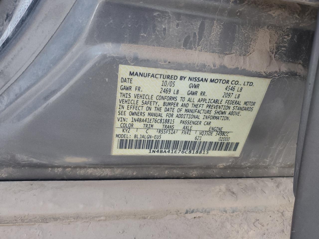 2006 Nissan Maxima Se VIN: 1N4BA41E76C818815 Lot: 92001155