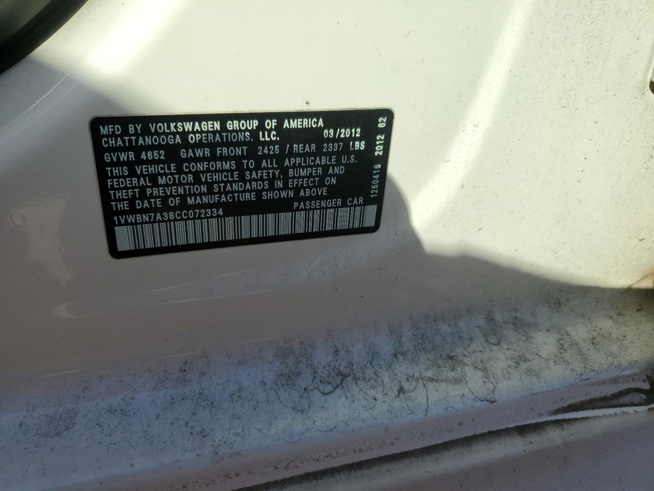 2012 Volkswagen Passat Se VIN: 1VWBN7A38CC072334 Lot: 92028295