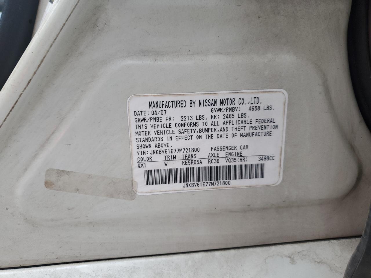 2007 Infiniti G35 VIN: JNKBV61E77M721800 Lot: 92304395