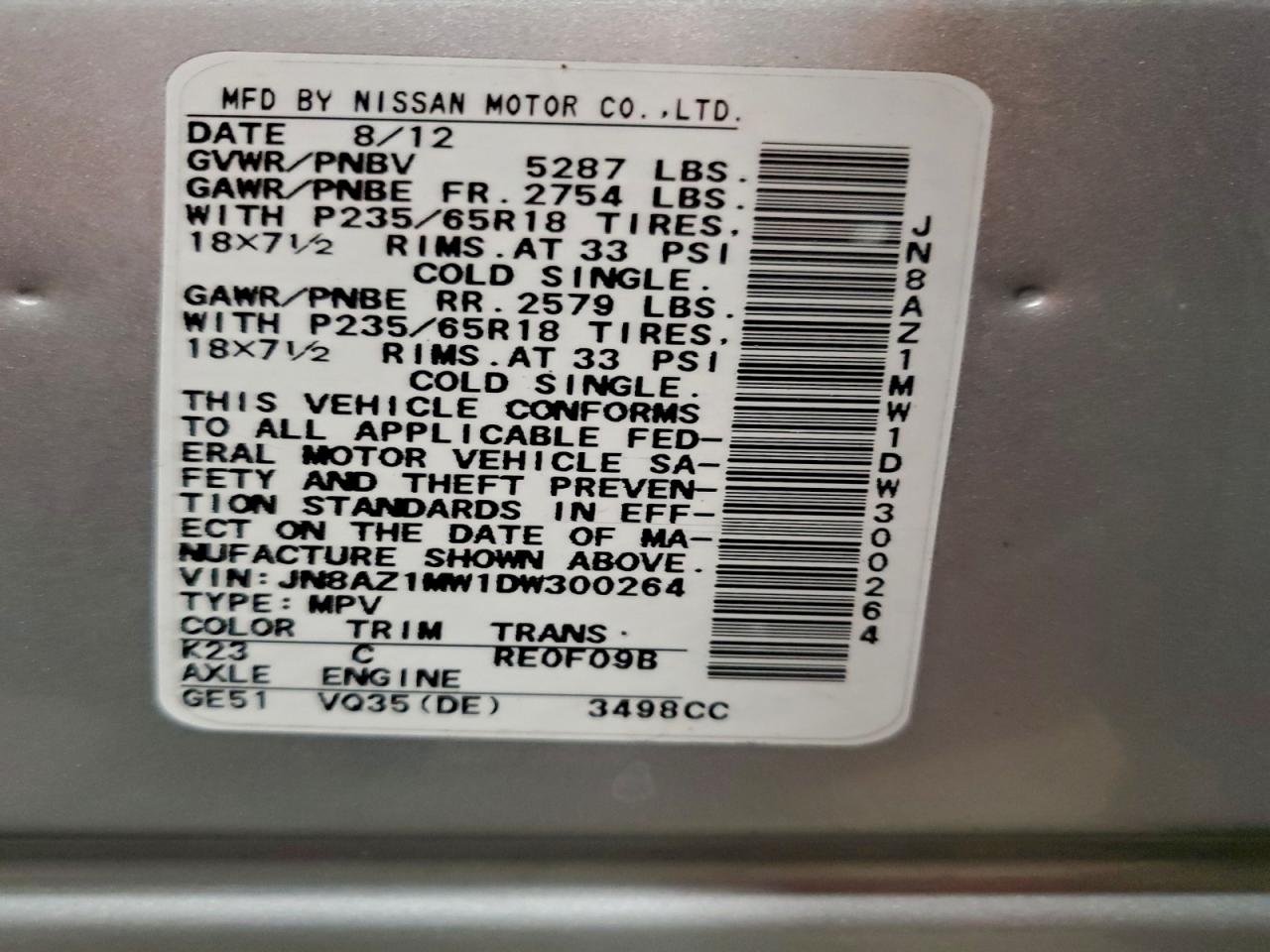 2013 Nissan Murano S VIN: JN8AZ1MW1DW300264 Lot: 93507815