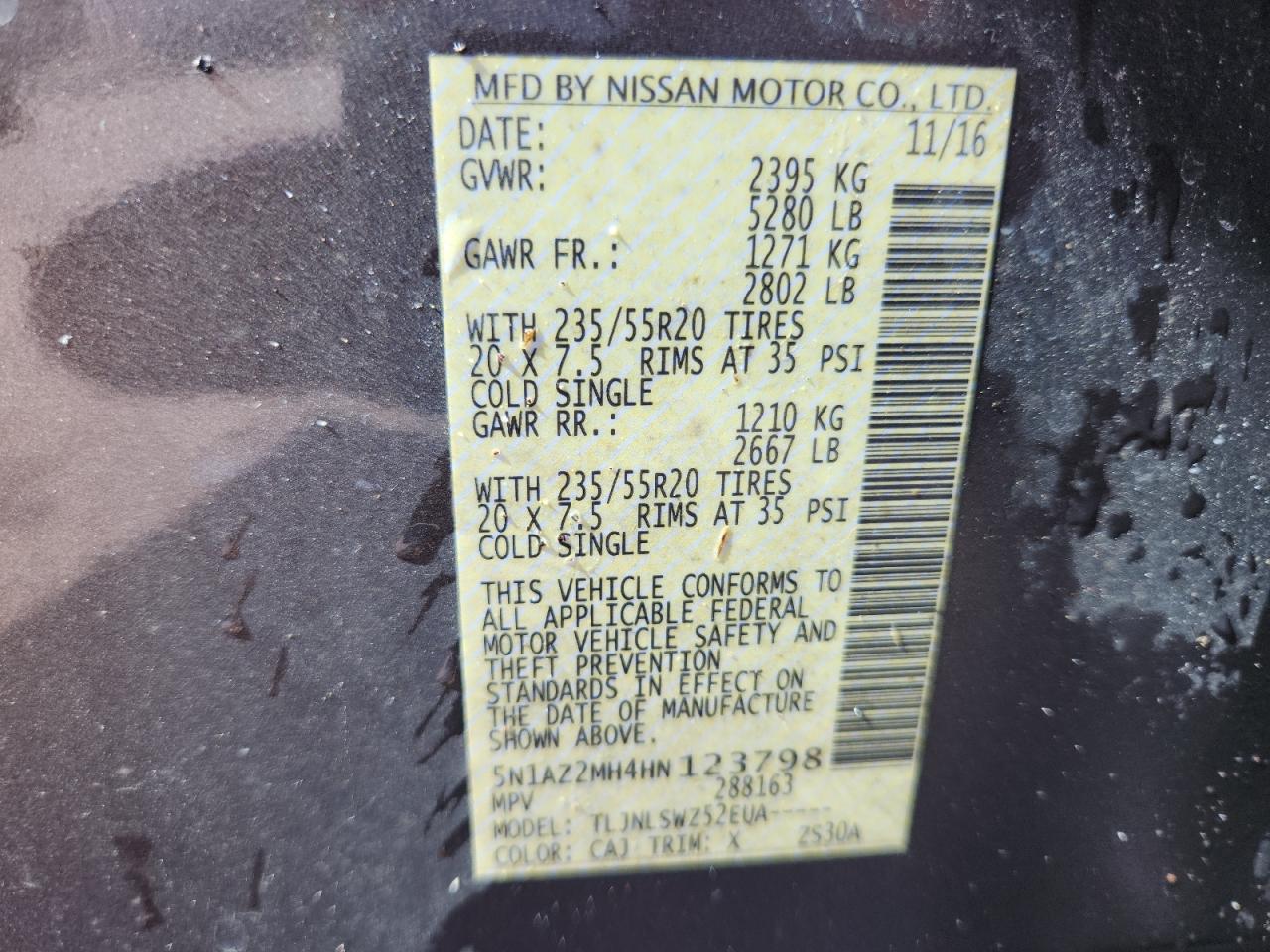 2017 Nissan Murano S VIN: 5N1AZ2MH4HN123798 Lot: 91603415