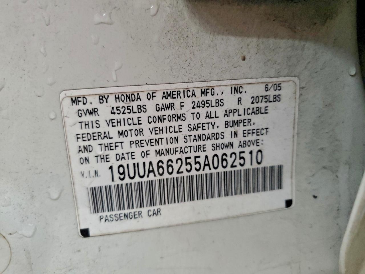 2005 Acura Tl VIN: 19UUA66255A062510 Lot: 93727905