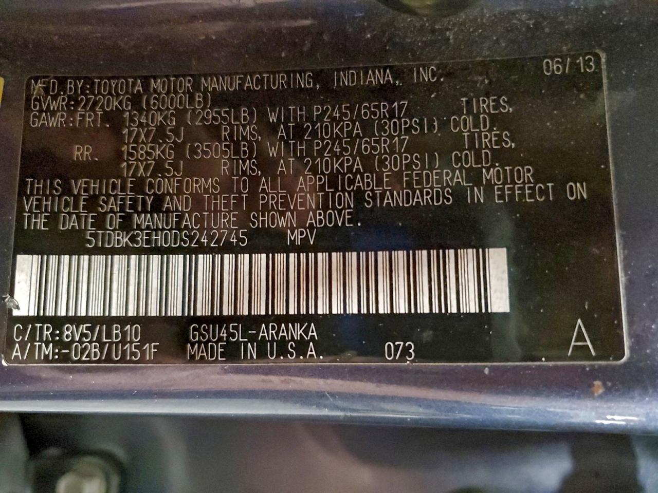 2013 Toyota Highlander Base VIN: 5TDBK3EH0DS242745 Lot: 93139155