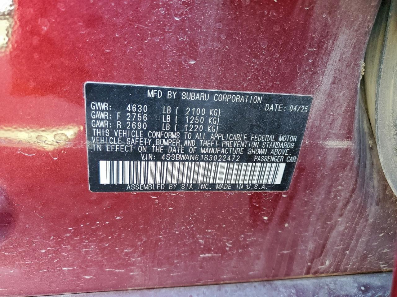 2025 Subaru Legacy Limited VIN: 4S3BWAN61S3022472 Lot: 94168865