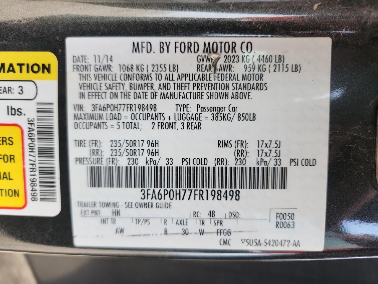 2015 Ford Fusion Se VIN: 3FA6P0H77FR198498 Lot: 93116035