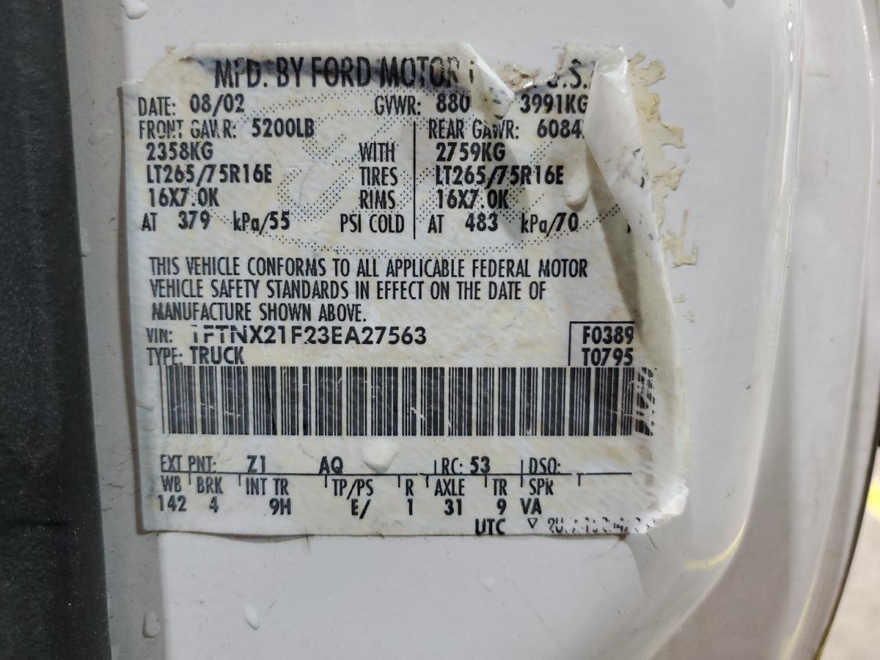 2003 Ford F250 Super Duty VIN: 1FTNX21F23EA27563 Lot: 92001205