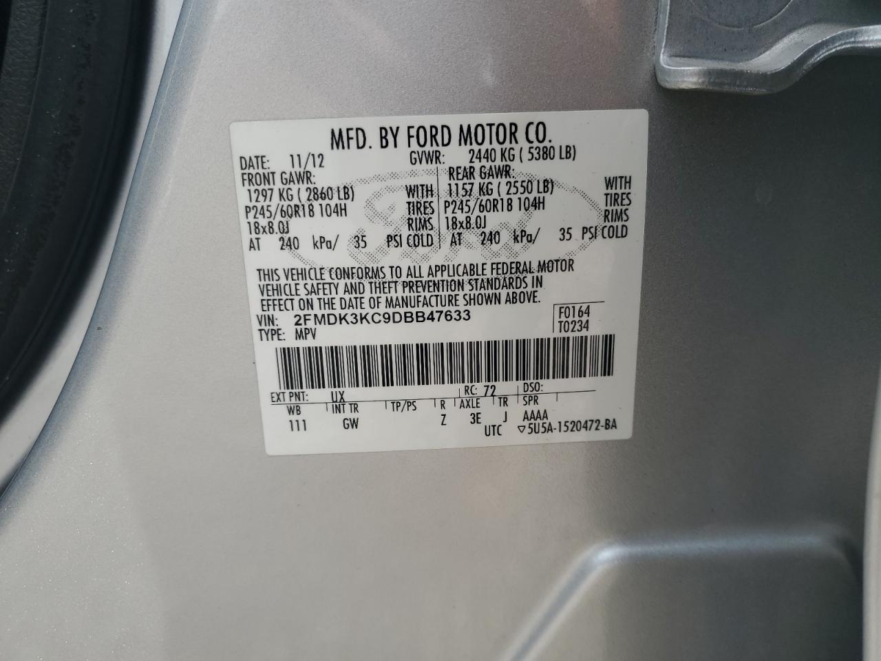 2013 Ford Edge Limited VIN: 2FMDK3KC9DBB47633 Lot: 92951735