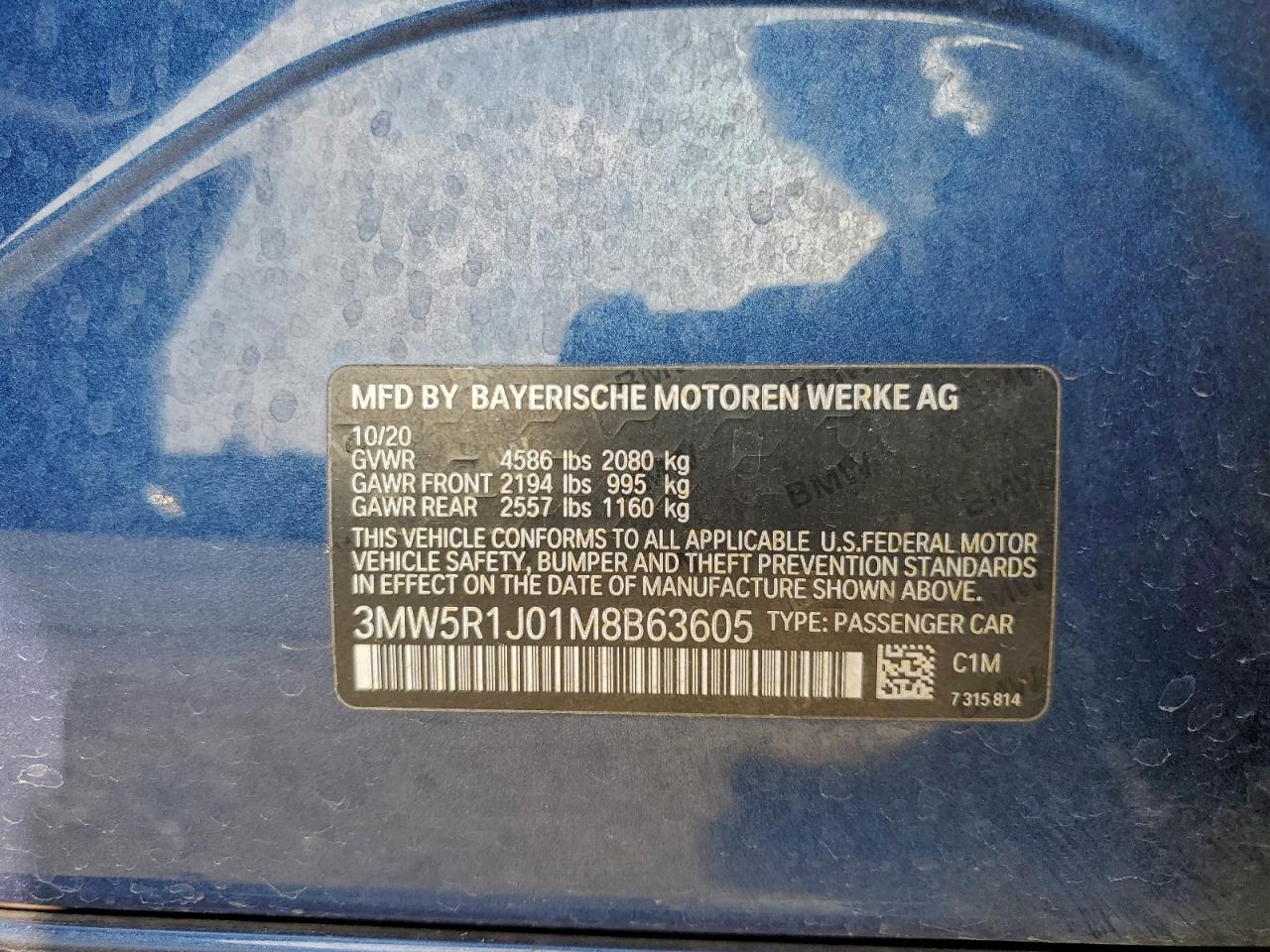 2021 BMW 330I VIN: 3MW5R1J01M8B63605 Lot: 94422285