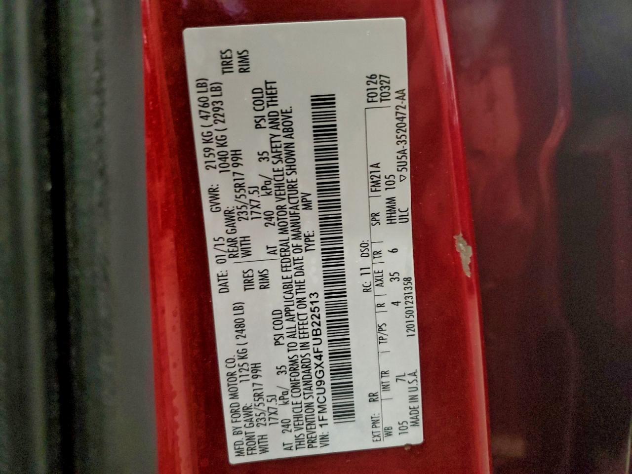 2015 Ford Escape Se VIN: 1FMCU9GX4FUB22513 Lot: 93636395