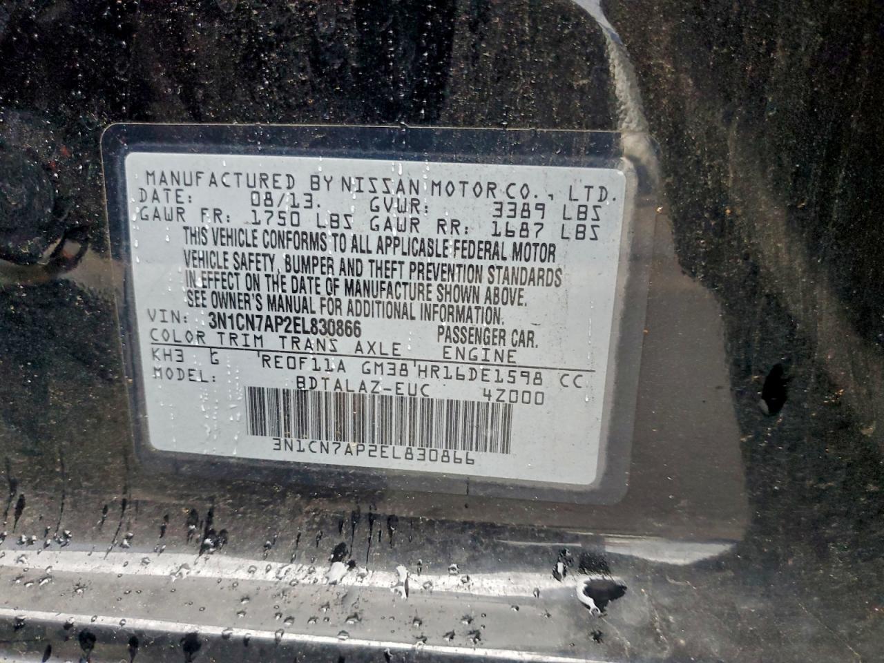 2014 Nissan Versa S VIN: 3N1CN7AP2EL830866 Lot: 94186545