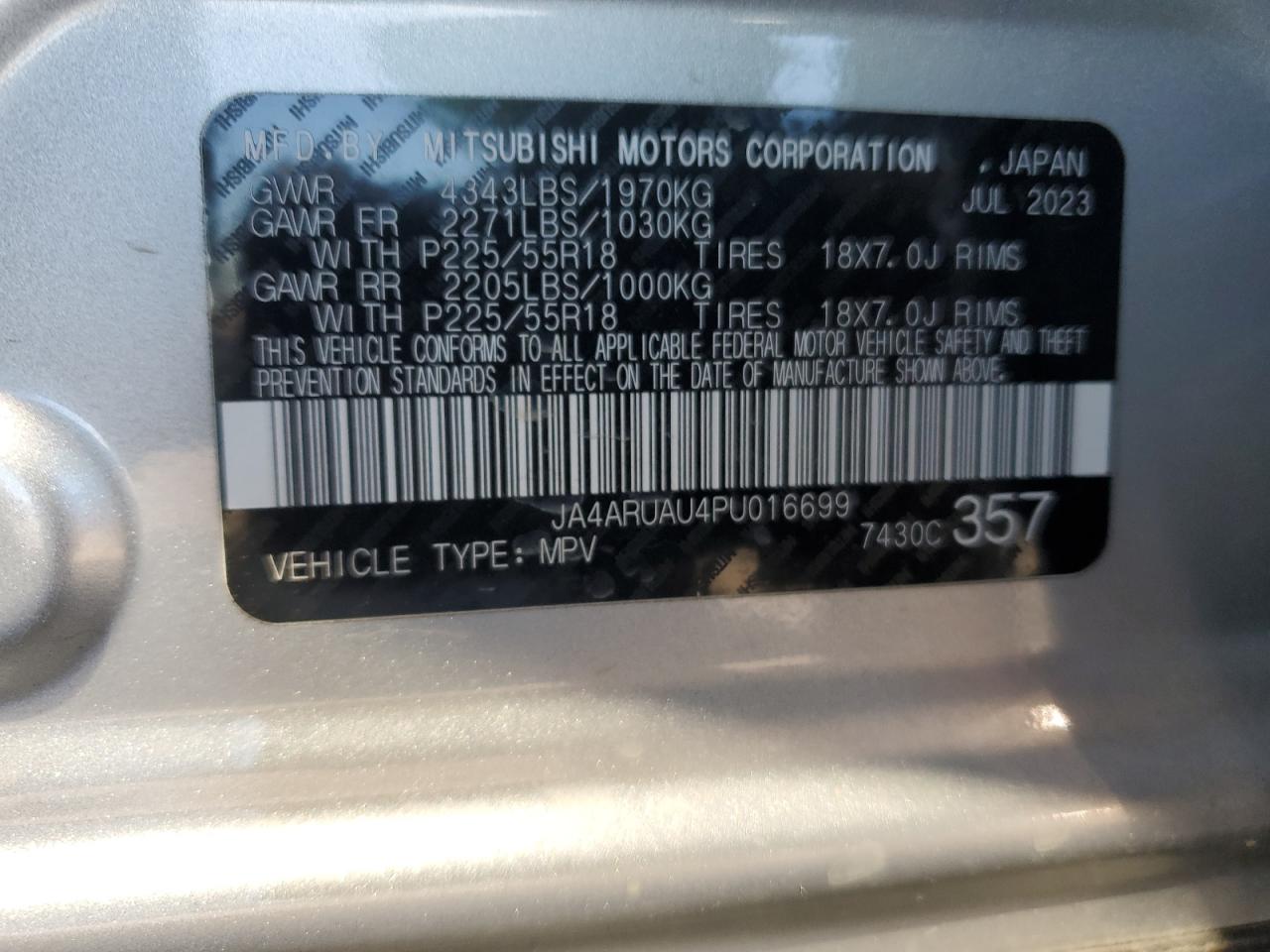 2023 Mitsubishi Outlander Sport S/Se VIN: JA4ARUAU4PU016699 Lot: 91713445