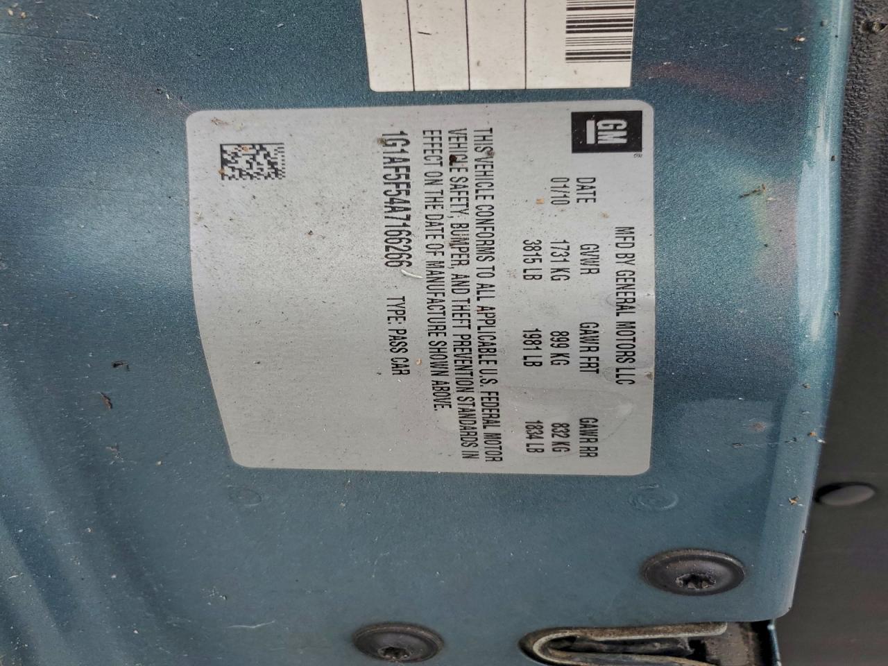 2010 Chevrolet Cobalt 2Lt VIN: 1G1AF5F54A7166266 Lot: 93556045