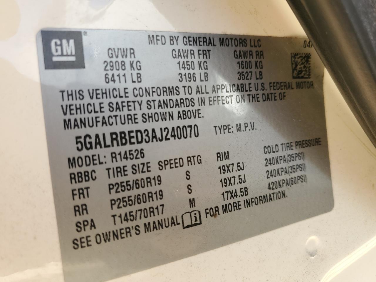 2010 Buick Enclave Cxl VIN: 5GALRBED3AJ240070 Lot: 91226685