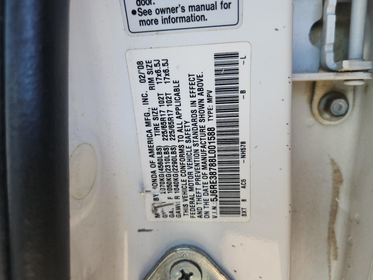 2008 Honda Cr-V Exl VIN: 5J6RE38788L001588 Lot: 92412935