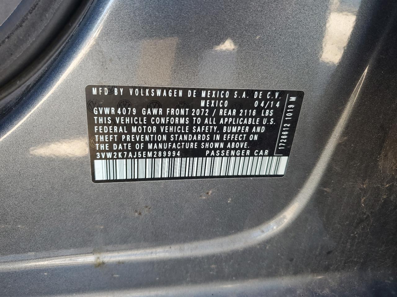 2014 Volkswagen Jetta Base VIN: 3VW2K7AJ5EM289994 Lot: 93051895